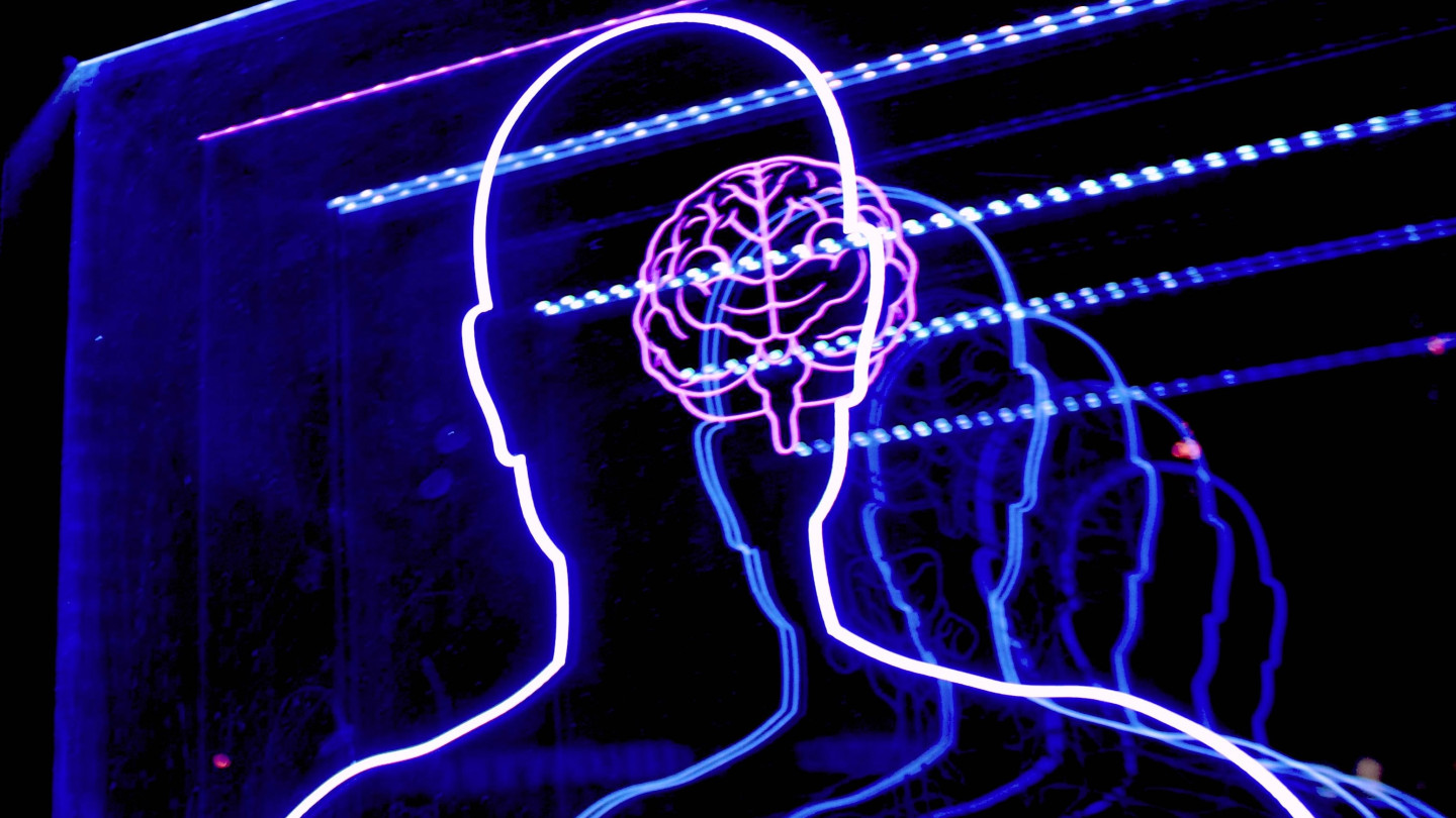 fluorescent human shape and brain