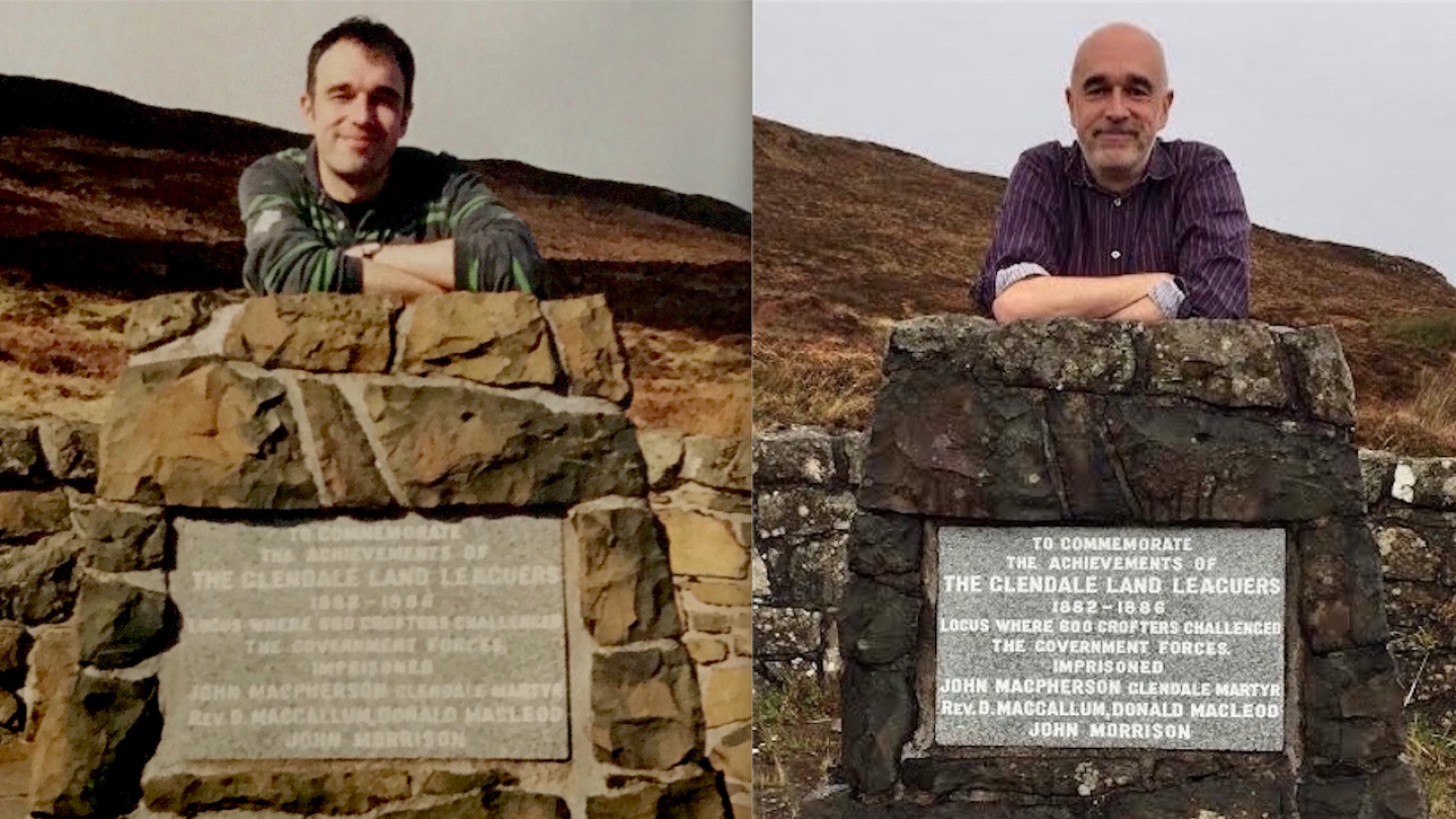 Andrew Newby behind a stone monument in the Skye island.