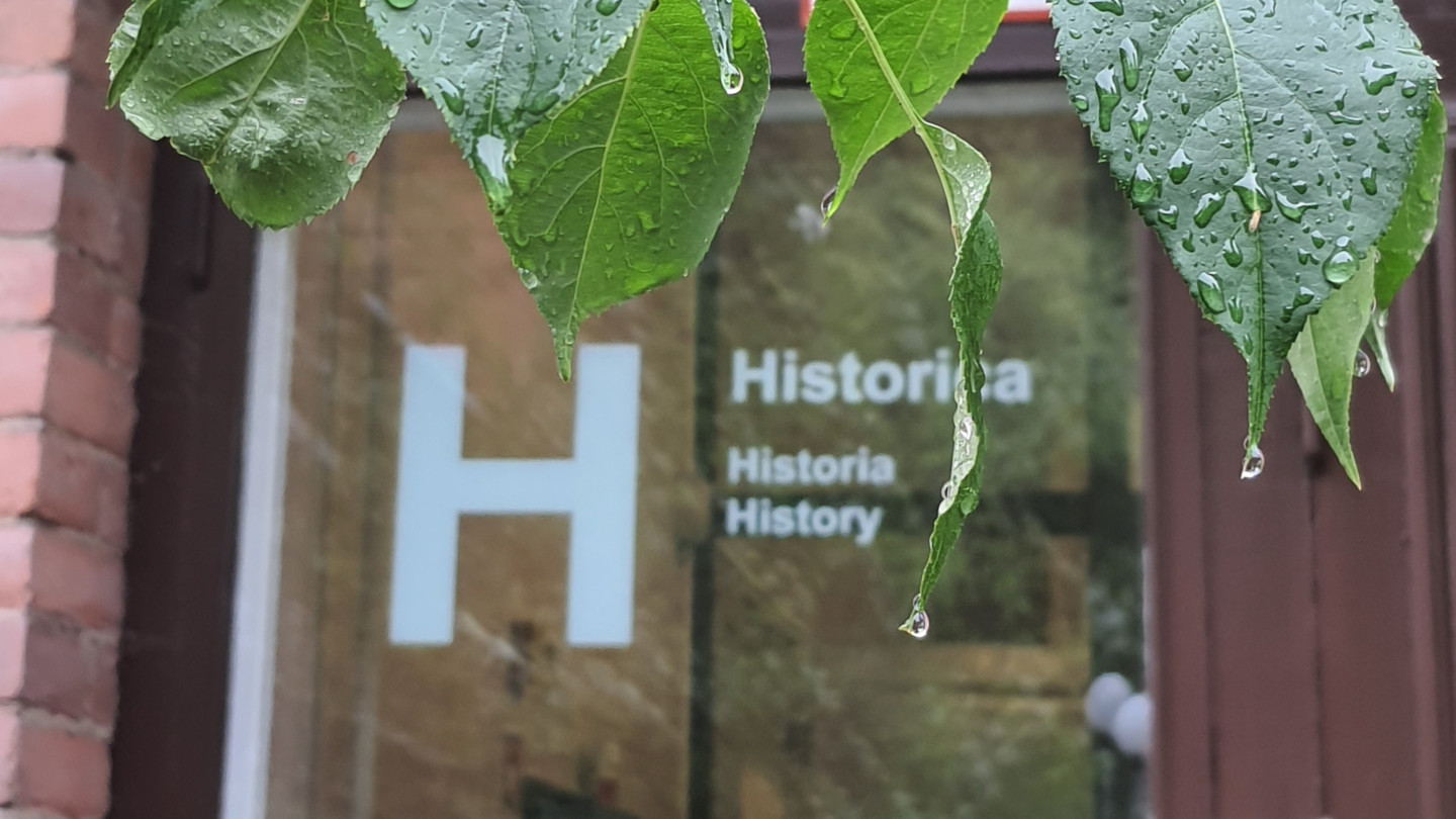 Some green leaves in front of a Historica building's window with the text "Historica" in it.