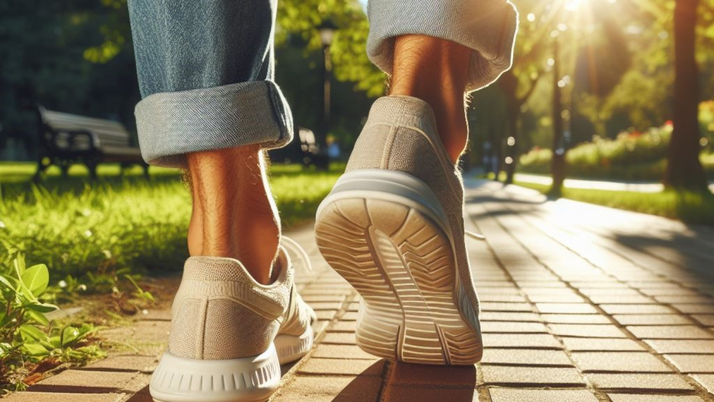 Lähikuva kävelevistä jaloista puistomaisella kadulla. Aurinko paistaa taustalla.