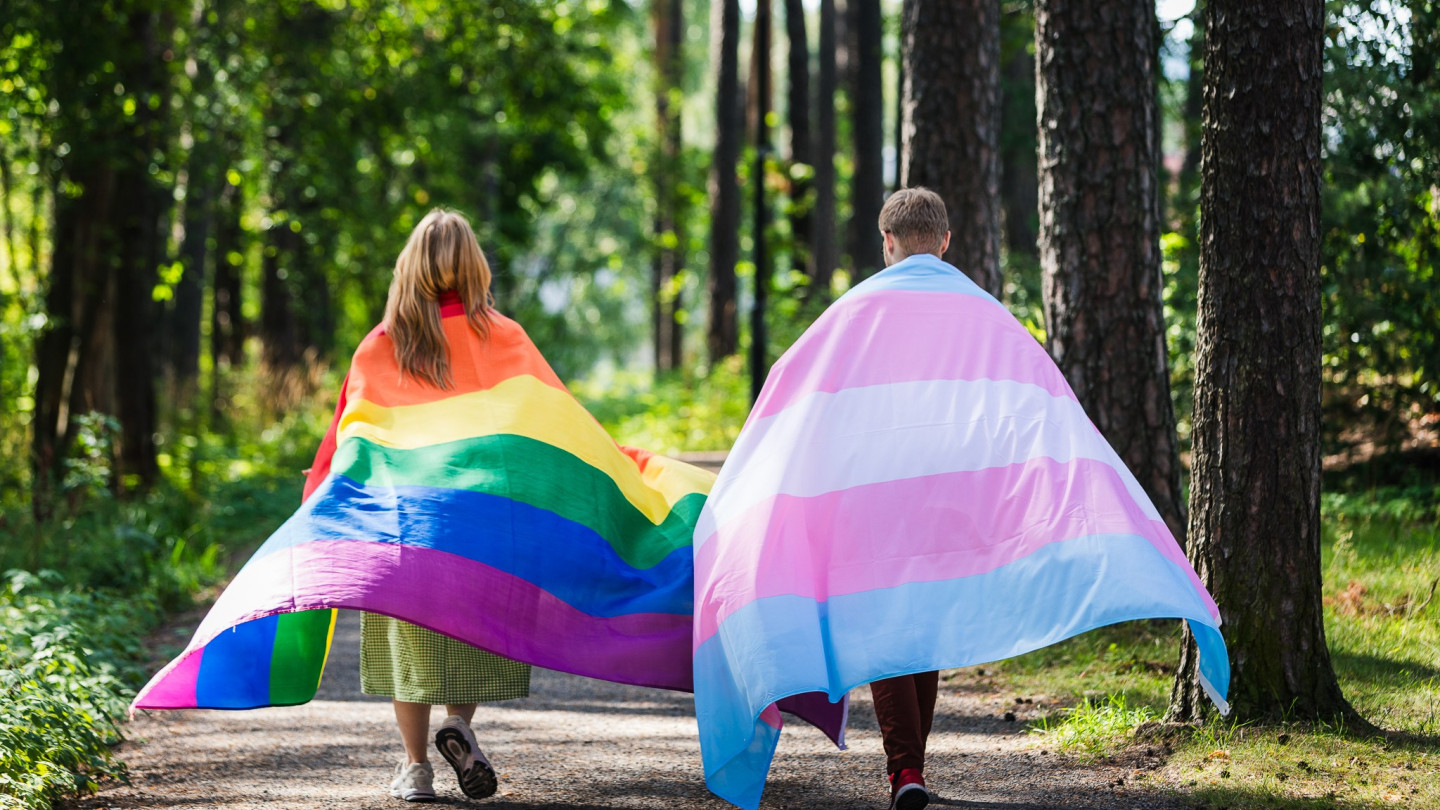 Opiskelijat kantavat Pride-lippuja.