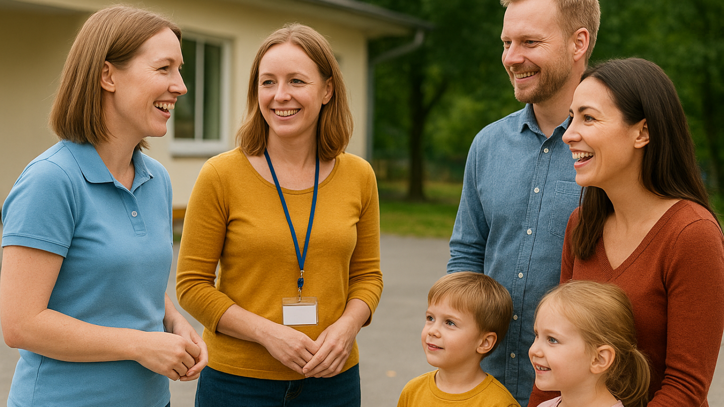 aikuisia ja lapsia pihalla 