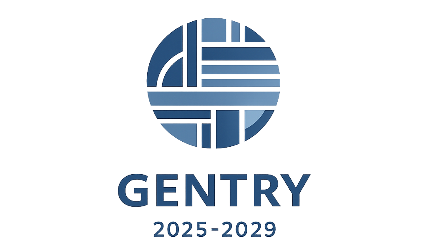Sinertävälle taustalle sijoitettu pyöreä, geometrinen logo, jossa on sinisen ja valkoisen sävyisistä palkeista muodostuva abstrakti kuvio. Logon alla on teksti ‘GENTRY’ ja sen alapuolella vuosiluvut ‘2025–2029’.