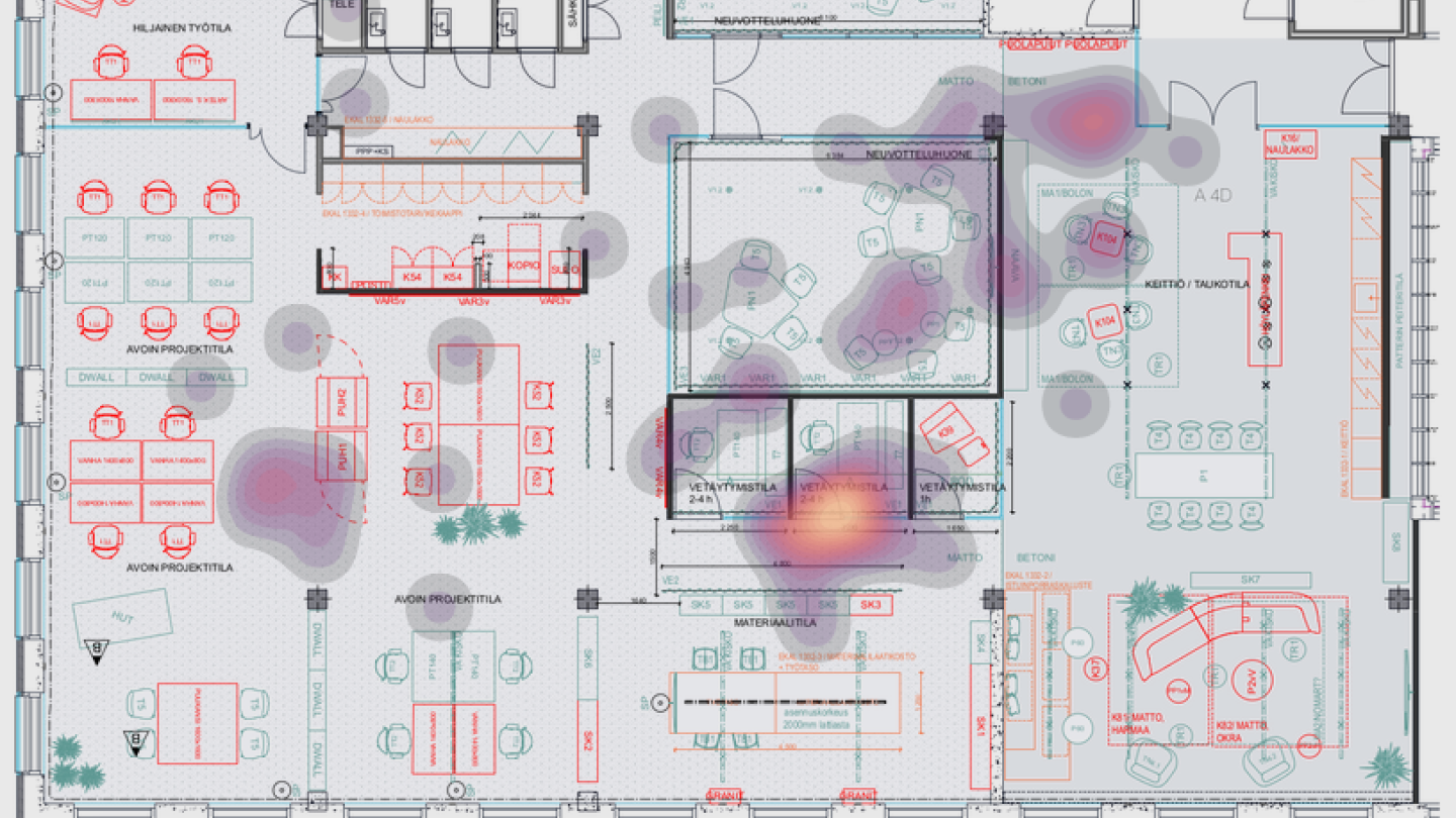 Tutkijat visualisoivat vuorovaikutustilanteet lämpökartan muotoon hyödyntäen organisaation pohjapiirrosta.