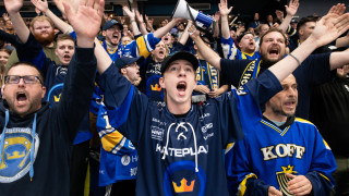 Jääkiekkokannattajat hurraavat katsomossa