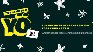 Tutkijoiden yö 25.9.2026. Euroopanlaajuinen tiedetapahtuma kaikille tiedonjanoisille. Keltainen Tutkijoiden yön logo ja valkoisia graafisia tähtikuvioita mustalla taustalla.