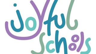 joyful schools written in different shades of blue, in violet and green