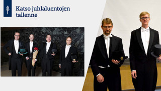 Kuvassa Jari Parkkari (vas.), Neil Cronin, Tommi Mikkonen ja Lauri Kettunen sekä toisessa Otso Ovaskainen ja Matti Vihola.