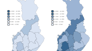 40–59-vuotiaiden keskimääräiset maksetut henkilöverot maakunnittain vuonna 2000 (vas.) ja 2018 (oik.) samalla asteikoilla mitattuna vuoden 2018 rahanarvolla.