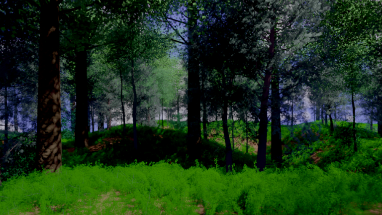 Rendered RGB image of a virtual forest created with HyperBLend