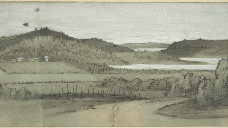 Vanha, 1800luvulla tehty maalaus kukkulaisesta metsämaisemasta.