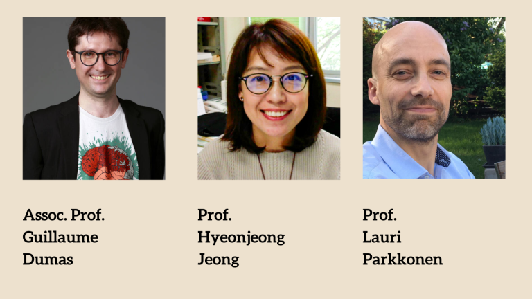 Pictures of Associate Professor Guillaume Dumas, Professor Hyeonjeong Jeong and Professor Lauri Parkkonen