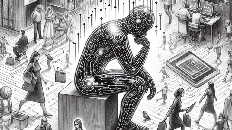 DALL-E3 -tekoälyllä tehty kuva tekoalyn vaikutuksista.