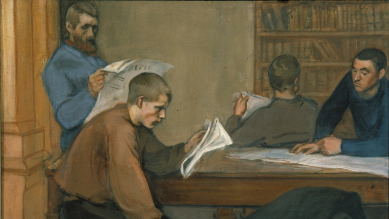 Kuva on Magnus Enckellin taideteos "Lukusali", jossa miehet lukevat kirjastossa.