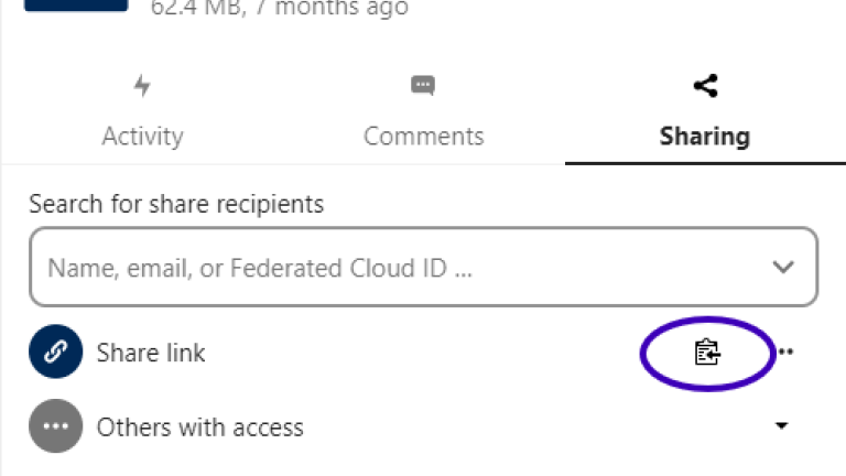 A cursor clicks the Clipboard icon in Nextcloud sharing settings view to copy the Nextcloud sharing link to clipboard.