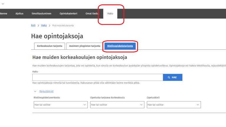 Kuva Sisuvalikosta, josta voi hakea ristiinopiskelutarjontaa