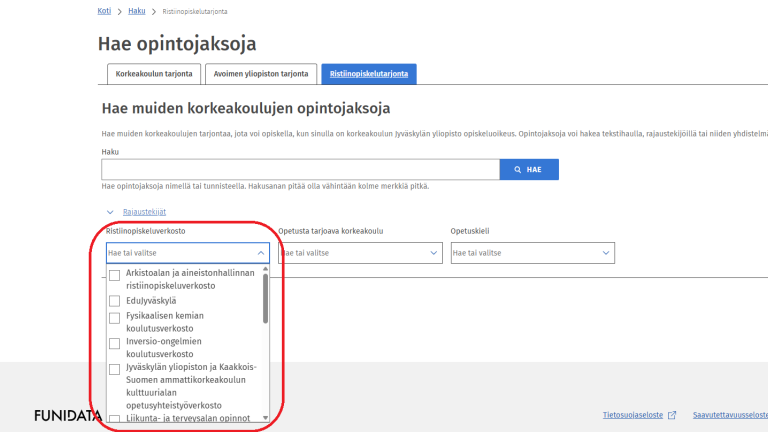 Kuva verkostoluettelosta, josta voi valita opetusyhteistyöverkoston