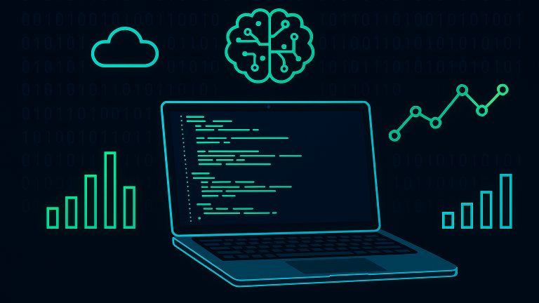 A picture of a laptop, data and statistics
