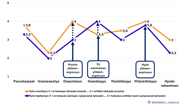 Kuviossa on kaksi profiiliviivaa, joista kumpaankin liittyy seitsemän työn merkitysten ulottuvuuden keskiarvoa sekä niitä vastaavat työn täyttymyksen keskiarvot, jotka voivat vaihdella arvojen 15 välillä. Nämä seitsemän ulottuvuutta ovat perustarpeet, uramenestys, osaaminen, itsenäisyys, yksilöllisyys, yhteisöllisyys ja hyvän tekeminen.