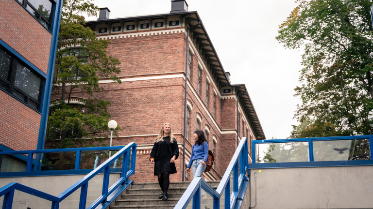 Kaksi opiskelijaa portaissa Seminaarinmäen kampuksella