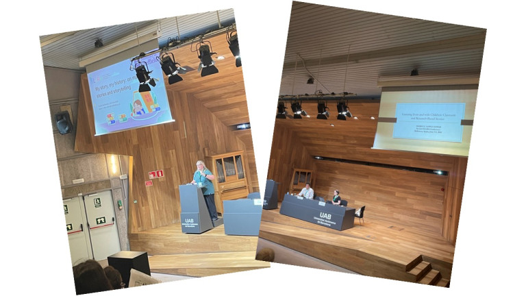 Kaksi kuvaa vierekkäin. Ensimmäisessä nainen puhujapöntön takana. Toisessa mies ja nainen istuvat vierekkäin lavalla. Molemmissa kuvissa powerpoint esitys isolla screenillä.
