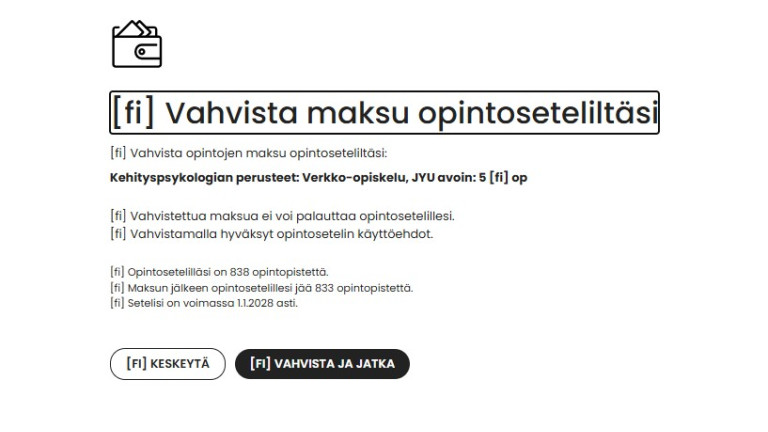 Kuvankaappaus opintosetelimaksun vahvistamisesta.