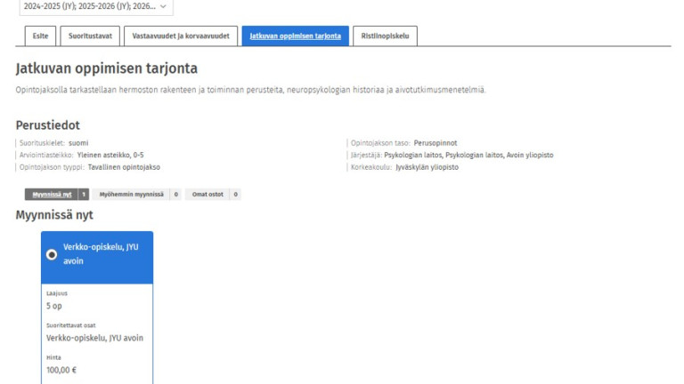 Kuvankaappaus Jatkuvan oppimisen tarjonta -välilehdestä, jossa valittuna opetusta..