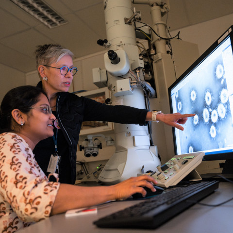 Varpu Marjomäki ja Saiele Shroff laboratoriossa.