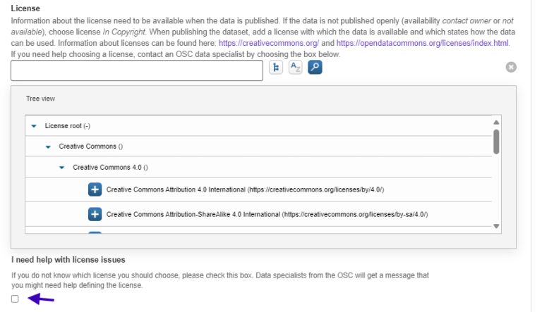 The License field in the data section in the Converis research information system. The dropdown menu is open and indicates where the Creative Commons licenses are in the menu listing.