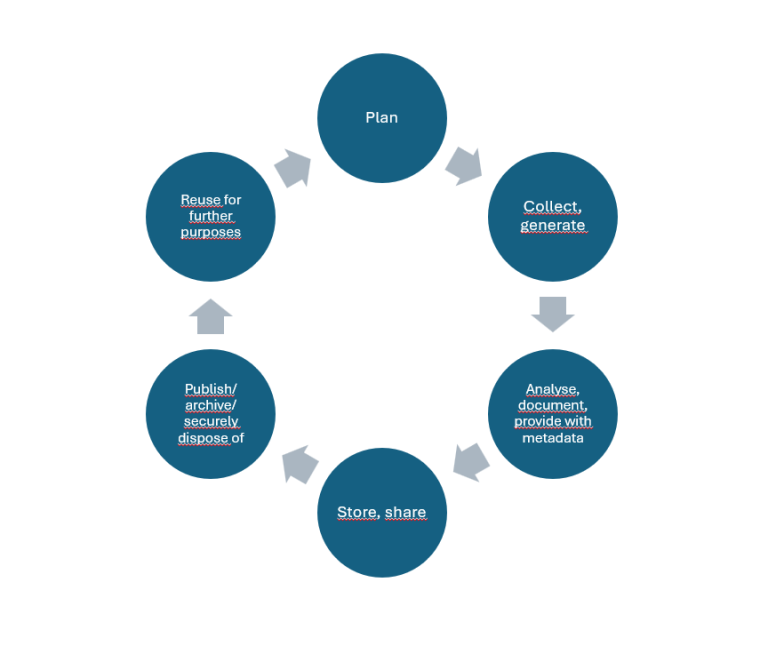 A cycle SmartArt image describing the phases of the lifecycle of research data: Plan, Collect and generate, Analyse, document and provide with metadata, Store and share, Publish, archive or securely dispose of, Reuse for further purposes.