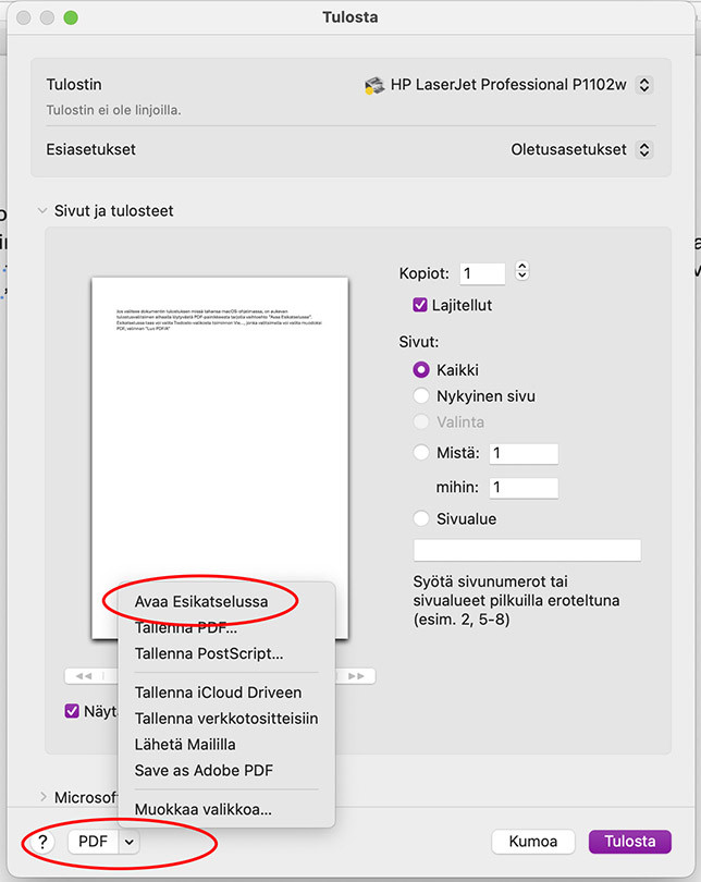 PDF/Atiedoston luominen MS Word for MAC ohjelmalla