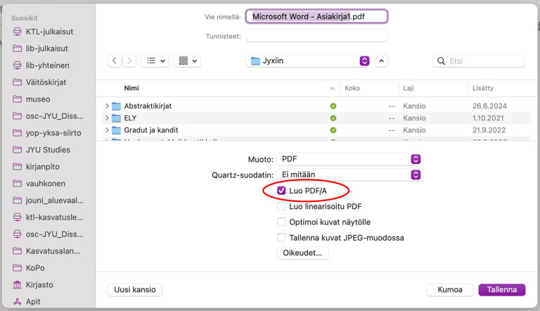 PDF/Atiedoston luominen MS Word for MAC ohjelmalla