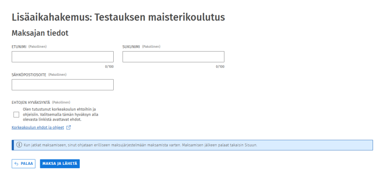 Lisäaikahakemus, maksajan tiedot