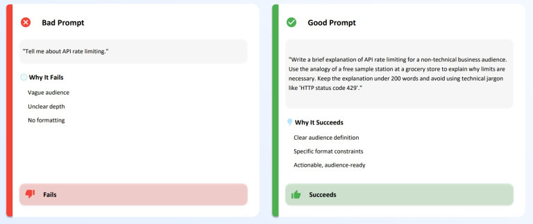Comparison of a good and a bad prompt for an AI chatbot.