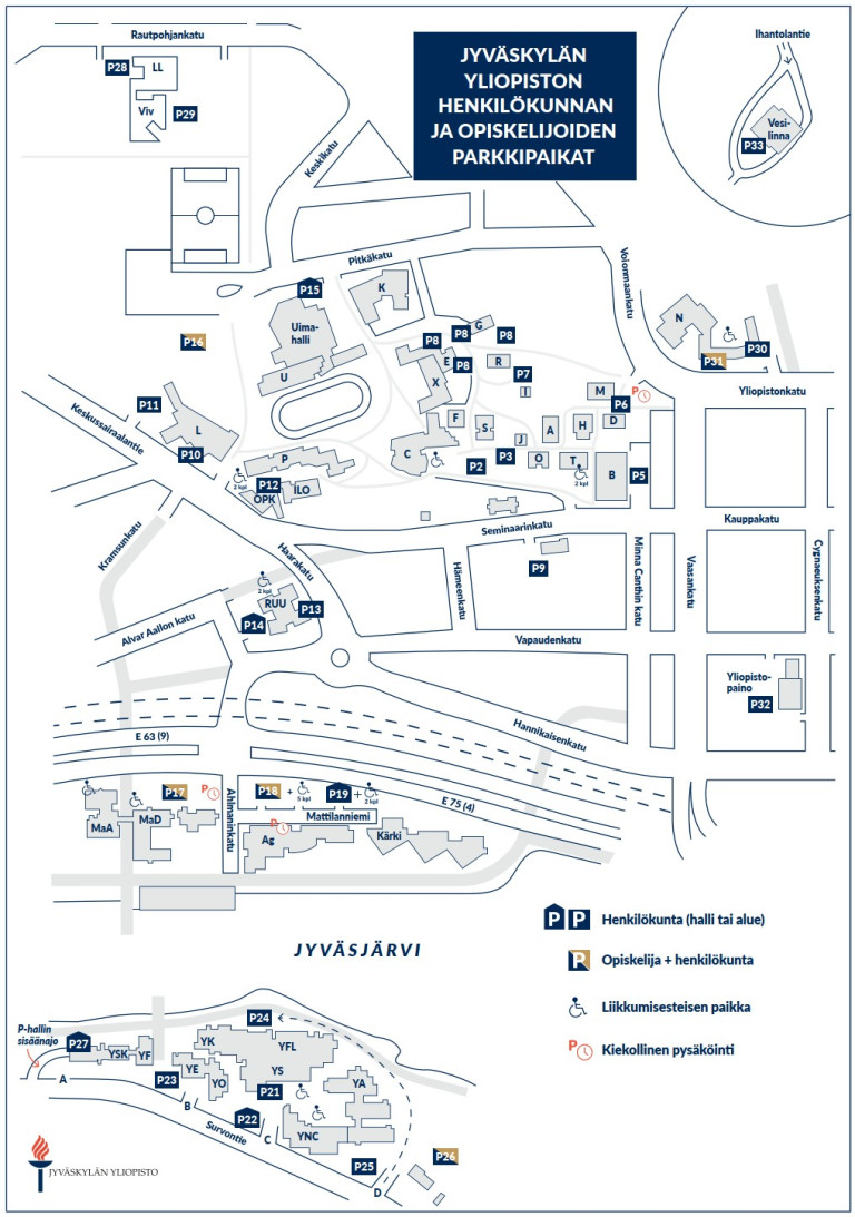 Jyväskylän yliopiston henkilökunnan ja opiskelijoiden parkkipaikat kartalla