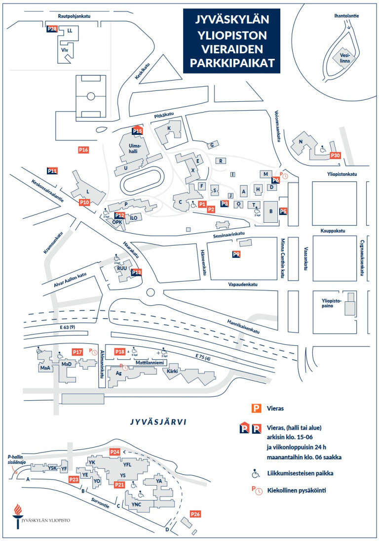 Jyväskylän yliopiston vieraiden parkkipaikat kartalla