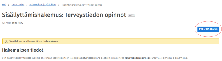 Hakemuksen peruminen