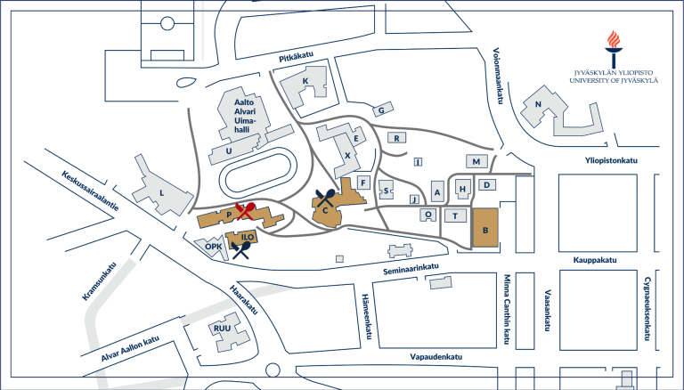 Map showing the campus of university of Jyväskylä and conference buildings